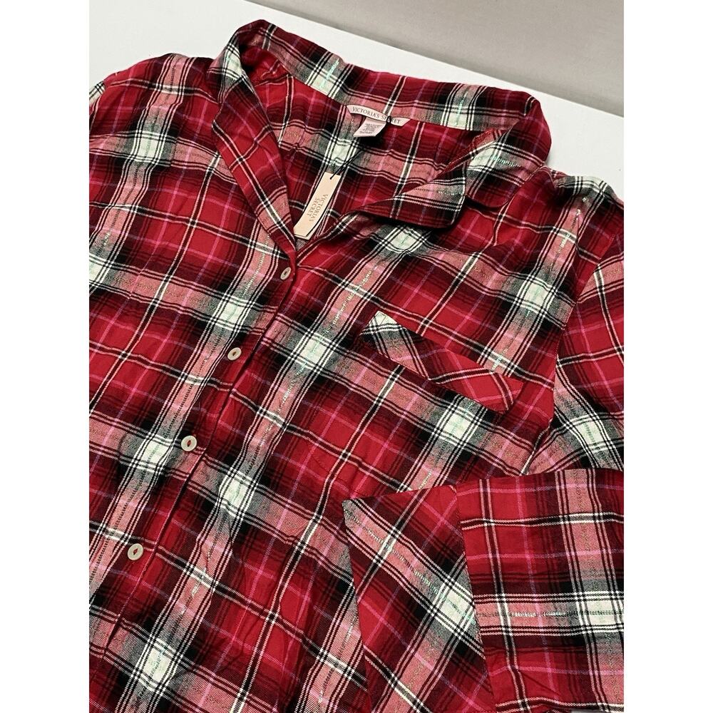 Victorias Secret Pajama Top Women Size XL Red Plaid Metallic Button Up NEW!